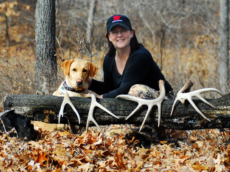Tracy and her Labrador retriever with the sheds from Split Brow Bucks