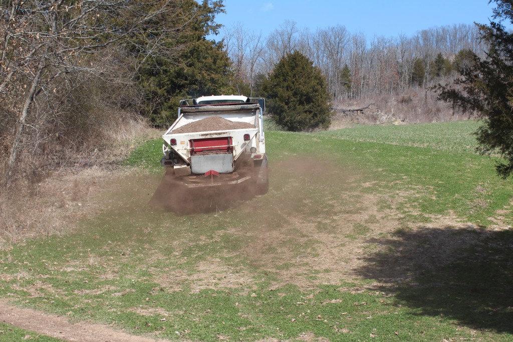 A spreader truck applying Antler Dirt at The Proving Grounds earlier this week.