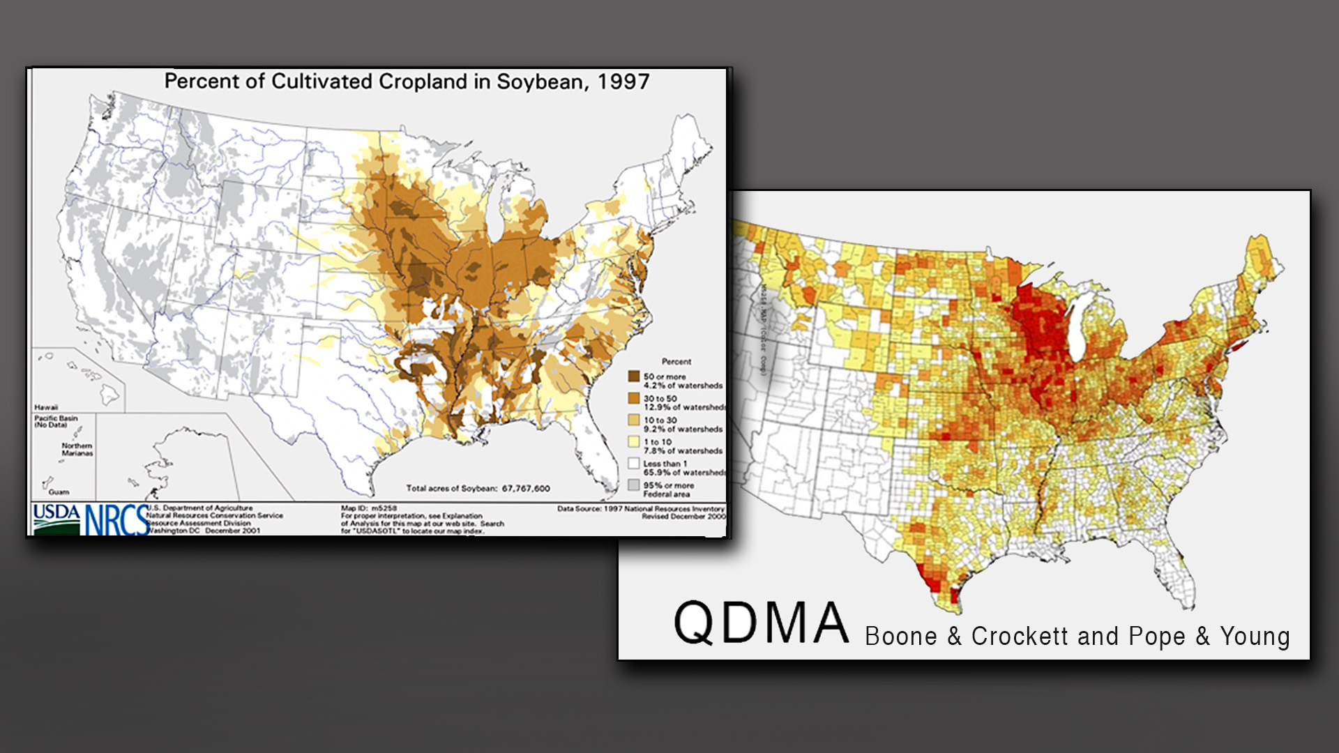 Soybean production by county compared to Boone & Crockett and Pope & Young by county