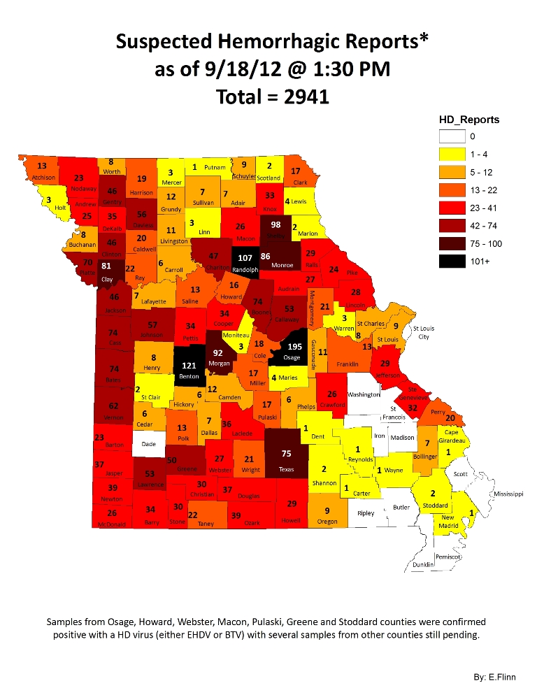 Missouri State Map Showing by County the reported EHD Cases for 2012