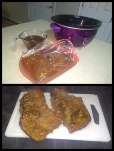 Marinated venison roast before and after cooking