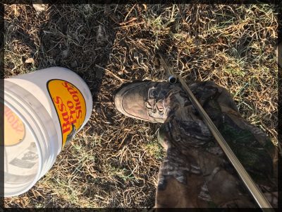 Using a soil probe and clean bucket to gather a soil sample.