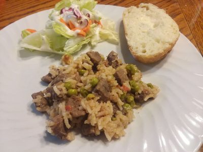 A one pan stovetop recipe for venison and rice.