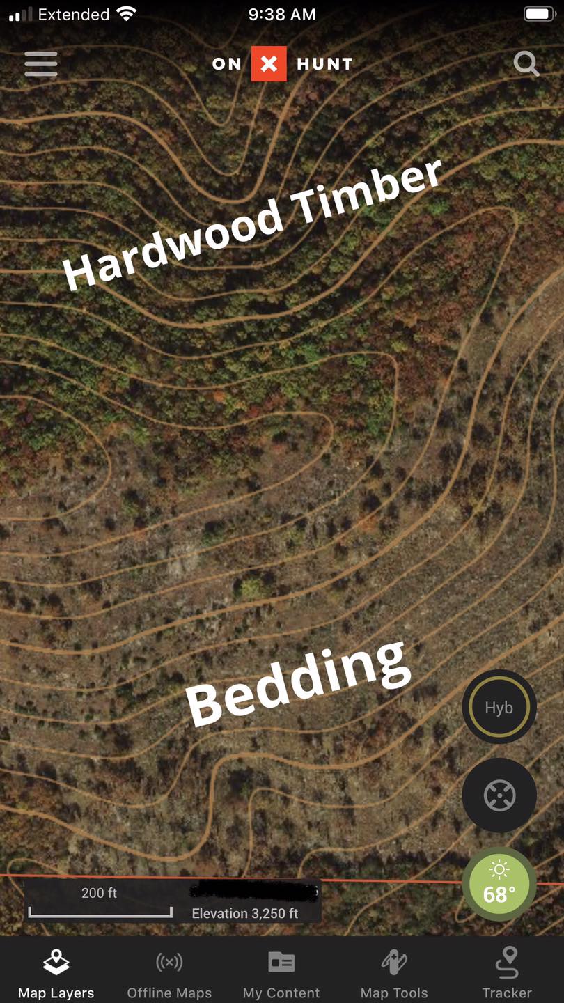 topograhic lines on Onx map of bedding area