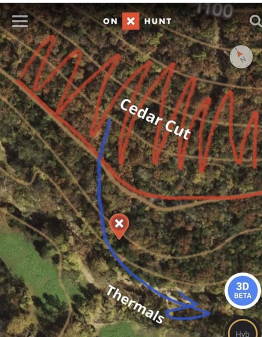 OnX map screenshot showing hunting strategy for the day