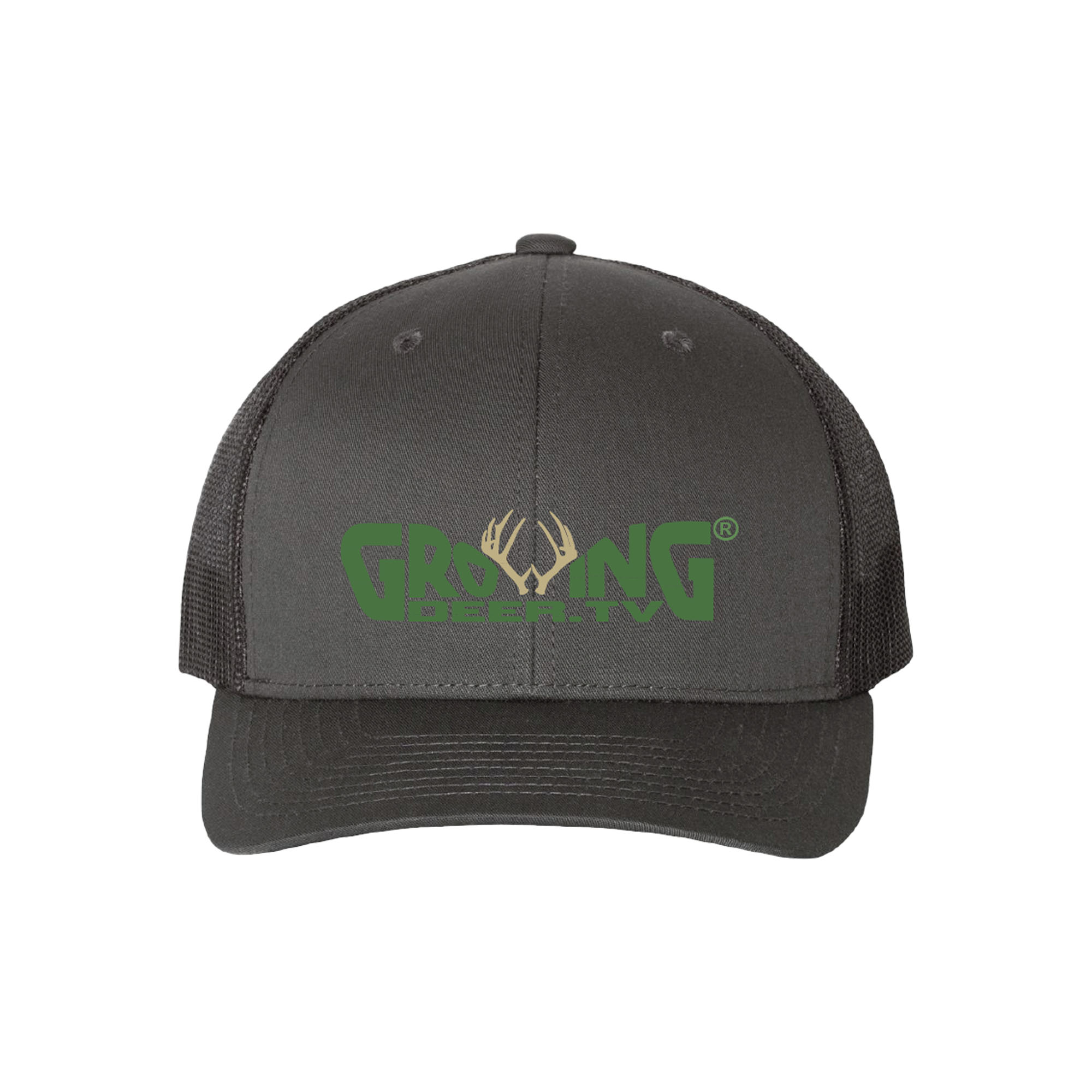 GrowingDeer.tv Logo Hat Charcoal Gray/Black, Structured, mid-profile, six-panel Retro Trucker Cap with Permacurv visor, matching undervisor, a mesh back with a Snapback closure. Made with 65/35 polyester/ cotton.