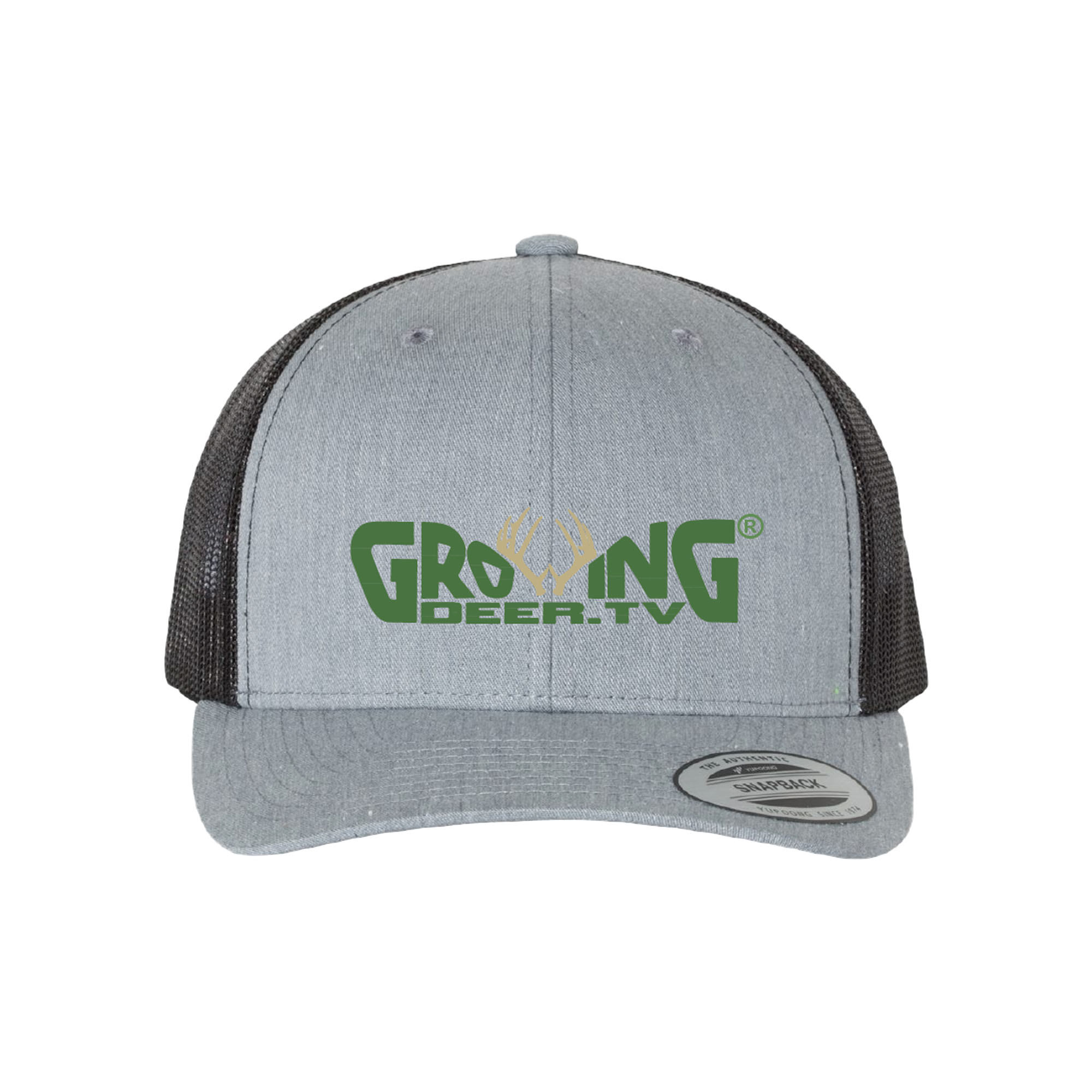 GrowingDeer.tv logo hat heather gray Heather Gray/Black Structured, mid-profile, six-panel Retro Trucker Cap with Permacurv Visor Matching undervisor, a mesh back with a snapback closure. It is made with 65/35 polyester/ cotton.